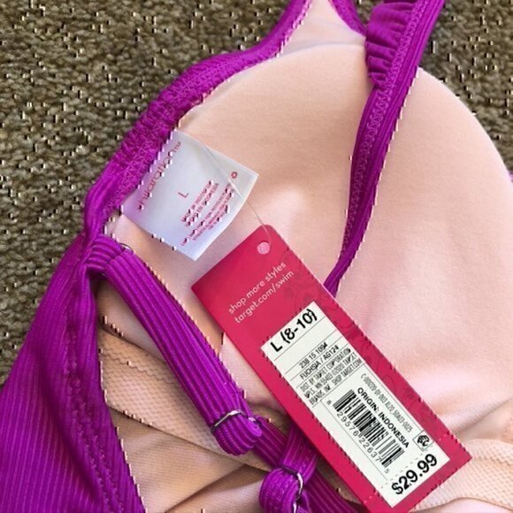 NEW NWT XHILARATION Ribbed Ruffle Shoulder One Piece Swimsuit Purple JRS Large - Picture 8 of 12